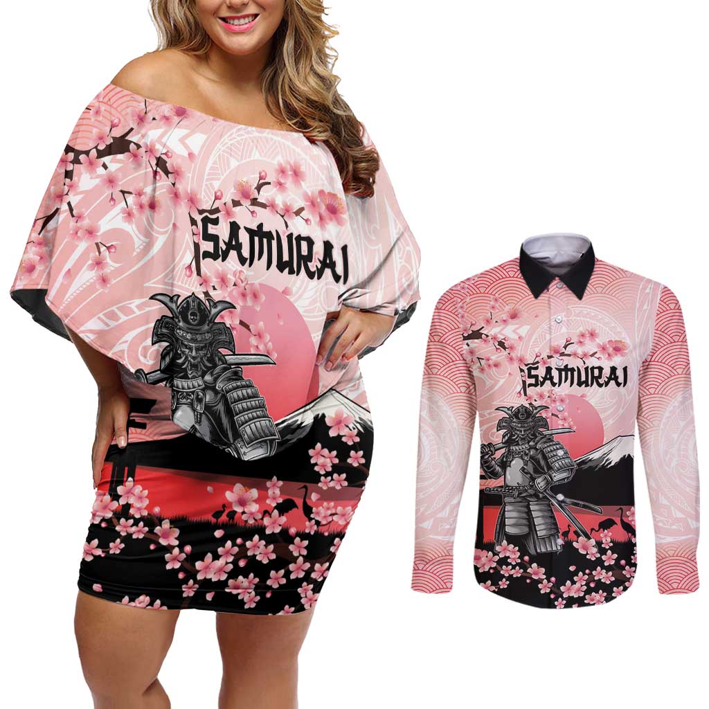 Personalised Japan Samurai Warrior Couples Matching Off Shoulder Short Dress and Long Sleeve Button Shirt Japanese Cherry Blossom Polynesian Pattern - Polynesian Pride