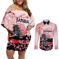 Personalised Japan Samurai Warrior Couples Matching Off Shoulder Short Dress and Long Sleeve Button Shirt Japanese Cherry Blossom Polynesian Pattern LT14 Pink - Polynesian Pride