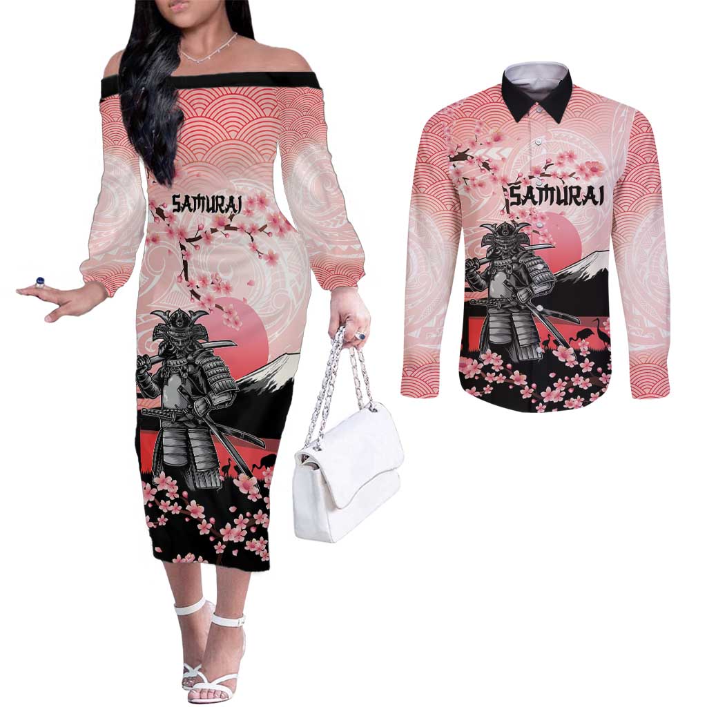 Personalised Japan Samurai Warrior Couples Matching Off The Shoulder Long Sleeve Dress and Long Sleeve Button Shirt Japanese Cherry Blossom Polynesian Pattern - Polynesian Pride