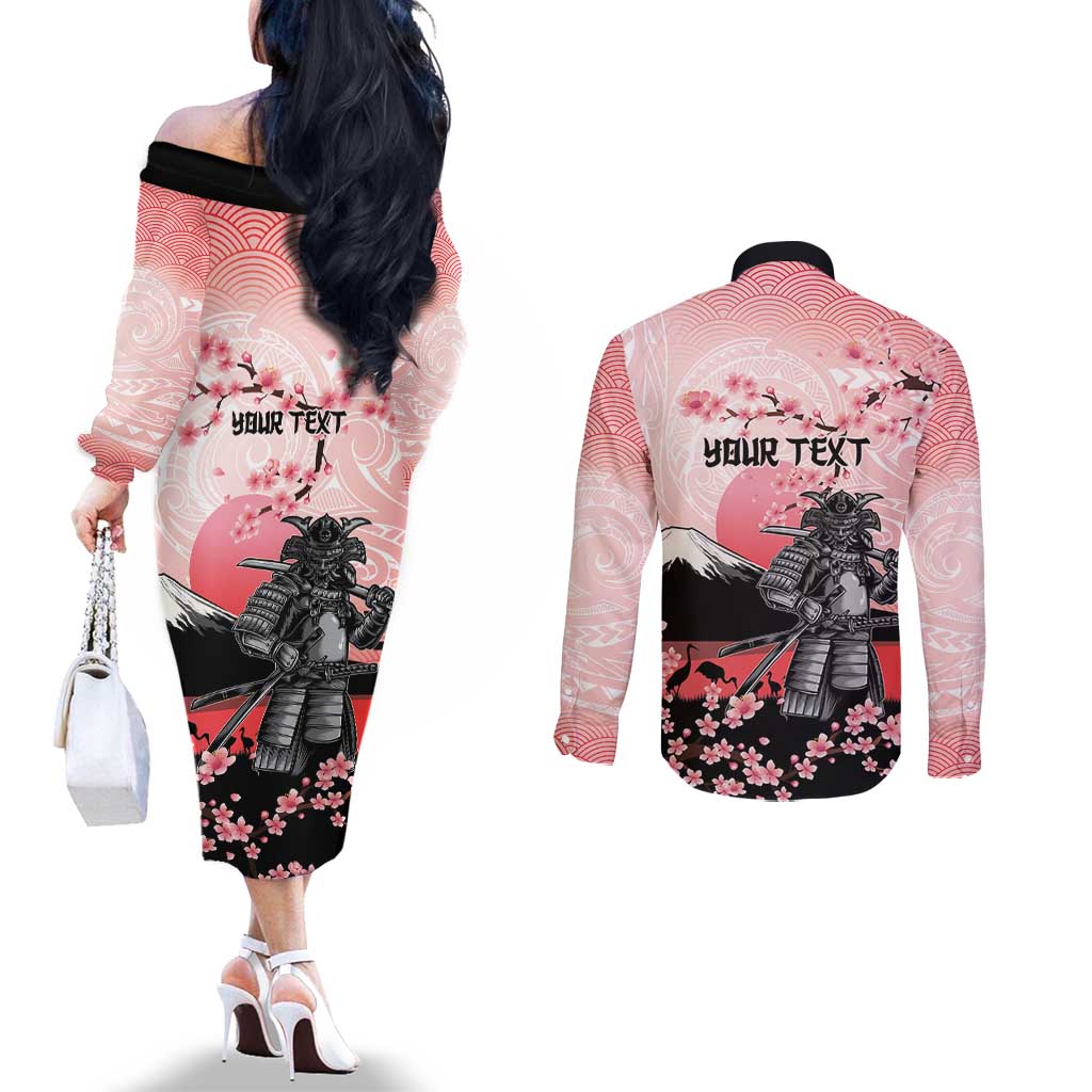 Personalised Japan Samurai Warrior Couples Matching Off The Shoulder Long Sleeve Dress and Long Sleeve Button Shirt Japanese Cherry Blossom Polynesian Pattern LT14 - Polynesian Pride