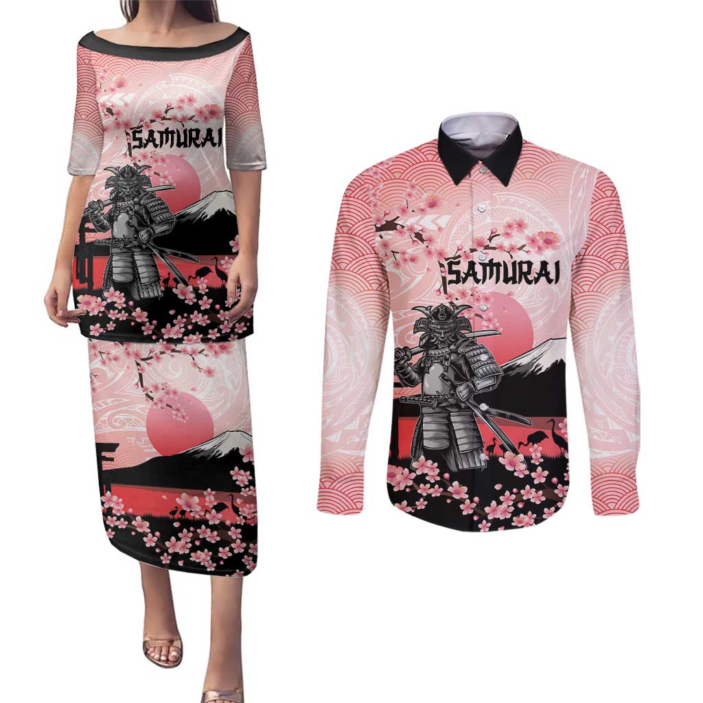 Personalised Japan Samurai Warrior Couples Matching Puletasi and Long Sleeve Button Shirt Japanese Cherry Blossom Polynesian Pattern - Polynesian Pride