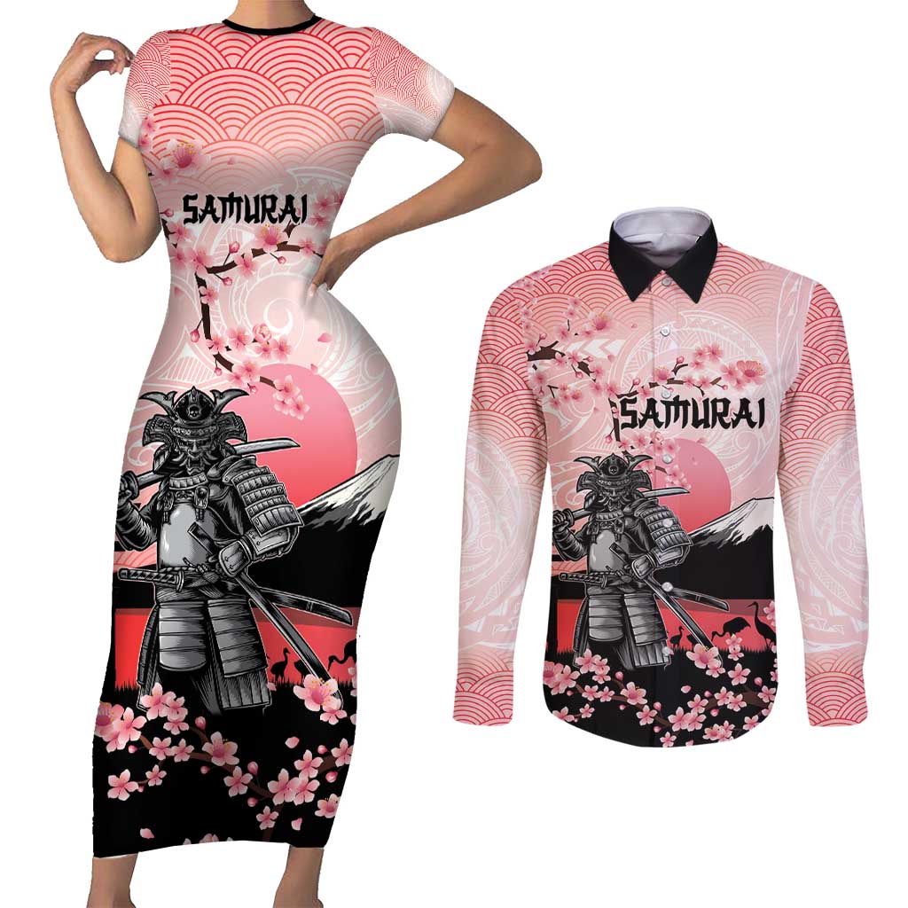 Personalised Japan Samurai Warrior Couples Matching Short Sleeve Bodycon Dress and Long Sleeve Button Shirt Japanese Cherry Blossom Polynesian Pattern - Polynesian Pride