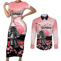 Personalised Japan Samurai Warrior Couples Matching Short Sleeve Bodycon Dress and Long Sleeve Button Shirt Japanese Cherry Blossom Polynesian Pattern LT14 Pink - Polynesian Pride