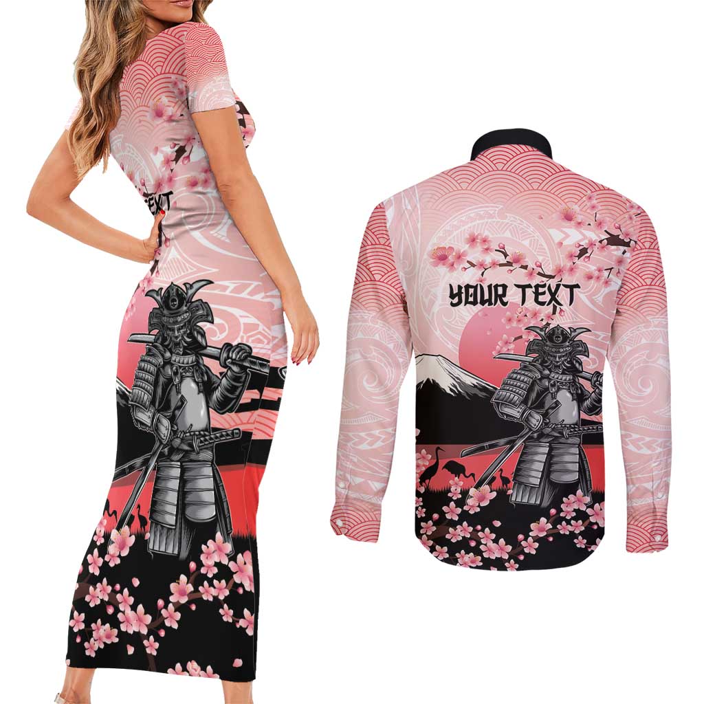 Personalised Japan Samurai Warrior Couples Matching Short Sleeve Bodycon Dress and Long Sleeve Button Shirt Japanese Cherry Blossom Polynesian Pattern LT14 - Polynesian Pride