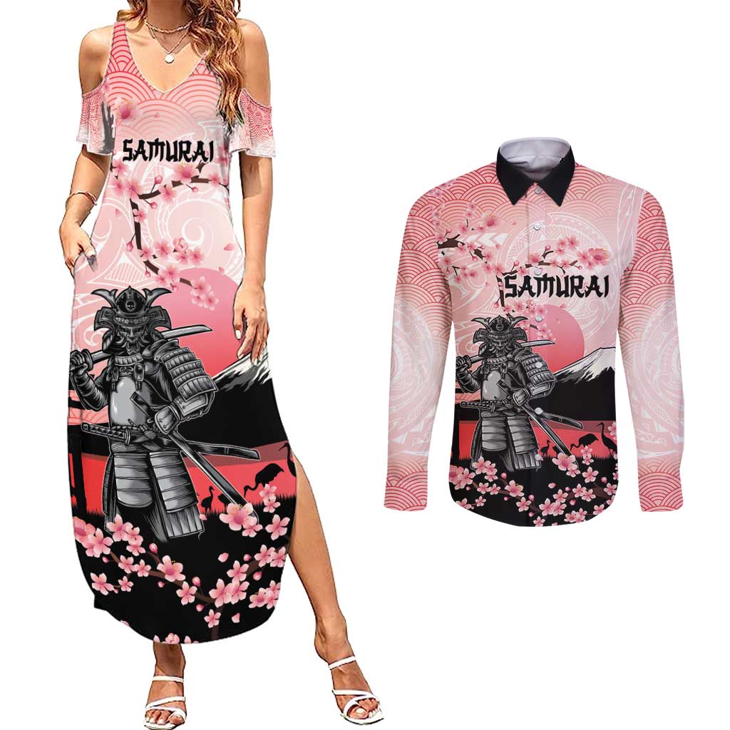 Personalised Japan Samurai Warrior Couples Matching Summer Maxi Dress and Long Sleeve Button Shirt Japanese Cherry Blossom Polynesian Pattern - Polynesian Pride