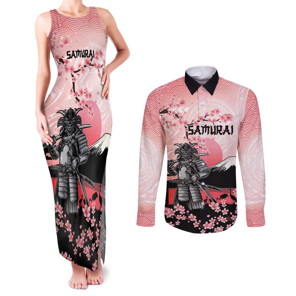 Personalised Japan Samurai Warrior Couples Matching Tank Maxi Dress and Long Sleeve Button Shirt Japanese Cherry Blossom Polynesian Pattern - Polynesian Pride
