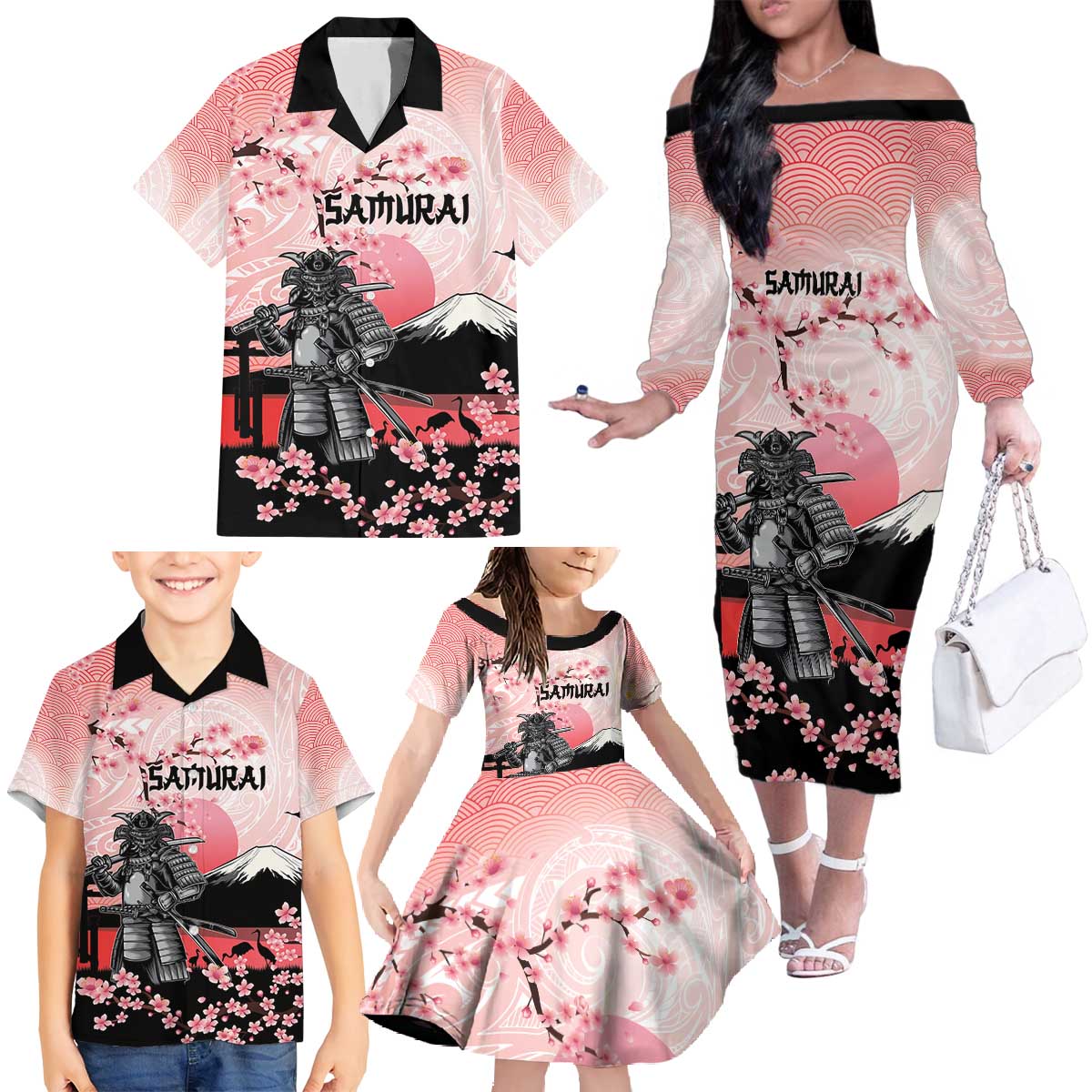 Personalised Japan Samurai Warrior Family Matching Off The Shoulder Long Sleeve Dress and Hawaiian Shirt Japanese Cherry Blossom Polynesian Pattern - Polynesian Pride
