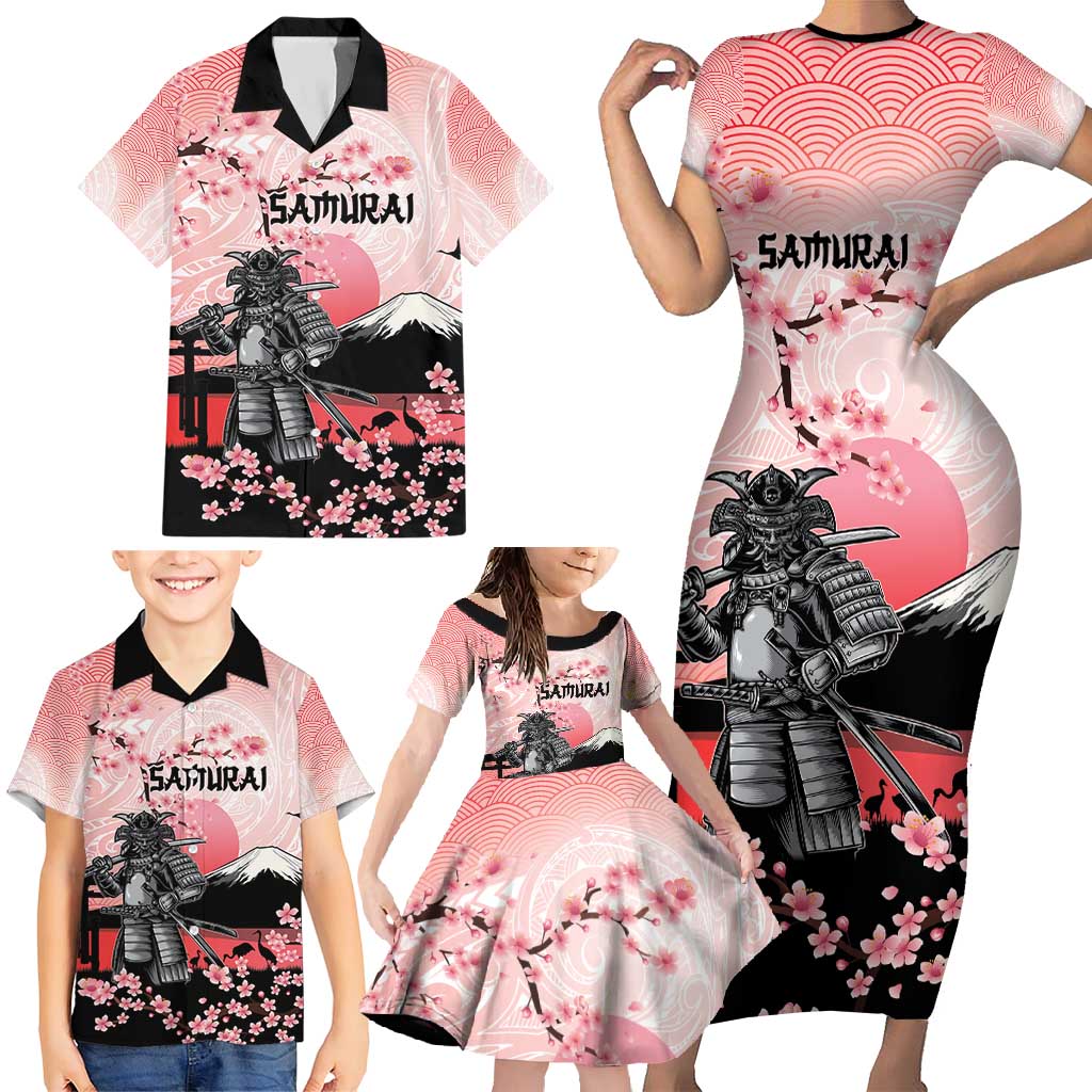 Personalised Japan Samurai Warrior Family Matching Short Sleeve Bodycon Dress and Hawaiian Shirt Japanese Cherry Blossom Polynesian Pattern - Polynesian Pride