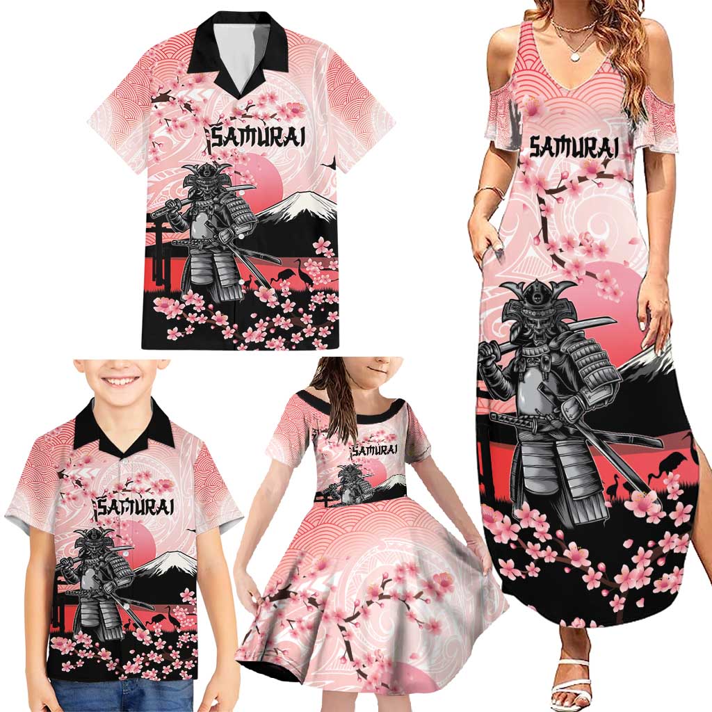 Personalised Japan Samurai Warrior Family Matching Summer Maxi Dress and Hawaiian Shirt Japanese Cherry Blossom Polynesian Pattern - Polynesian Pride