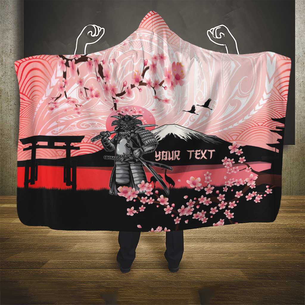 Personalised Japan Samurai Warrior Hooded Blanket Japanese Cherry Blossom Polynesian Pattern - Polynesian Pride