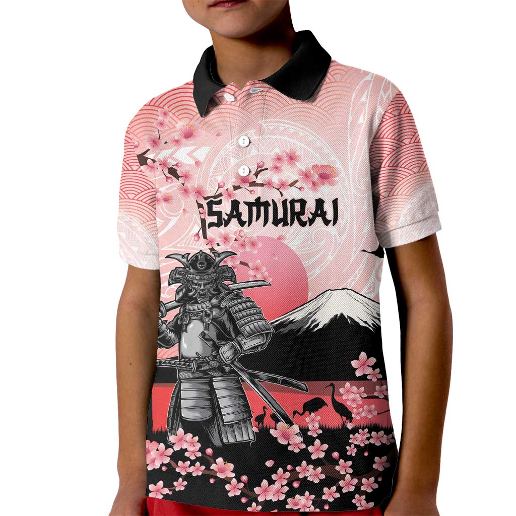 Personalised Japan Samurai Warrior Kid Polo Shirt Japanese Cherry Blossom Polynesian Pattern - Polynesian Pride