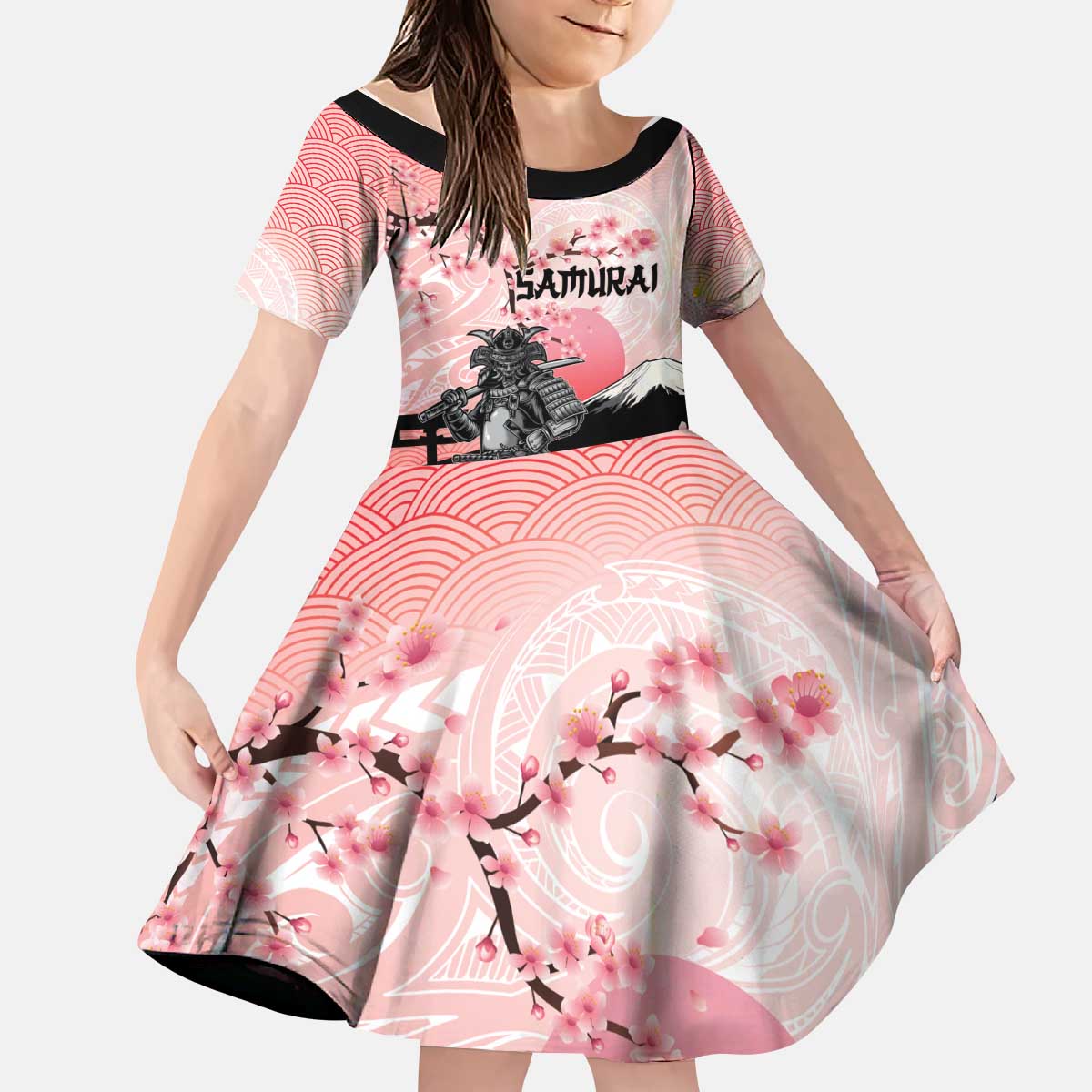 Personalised Japan Samurai Warrior Kid Short Sleeve Dress Japanese Cherry Blossom Polynesian Pattern - Polynesian Pride