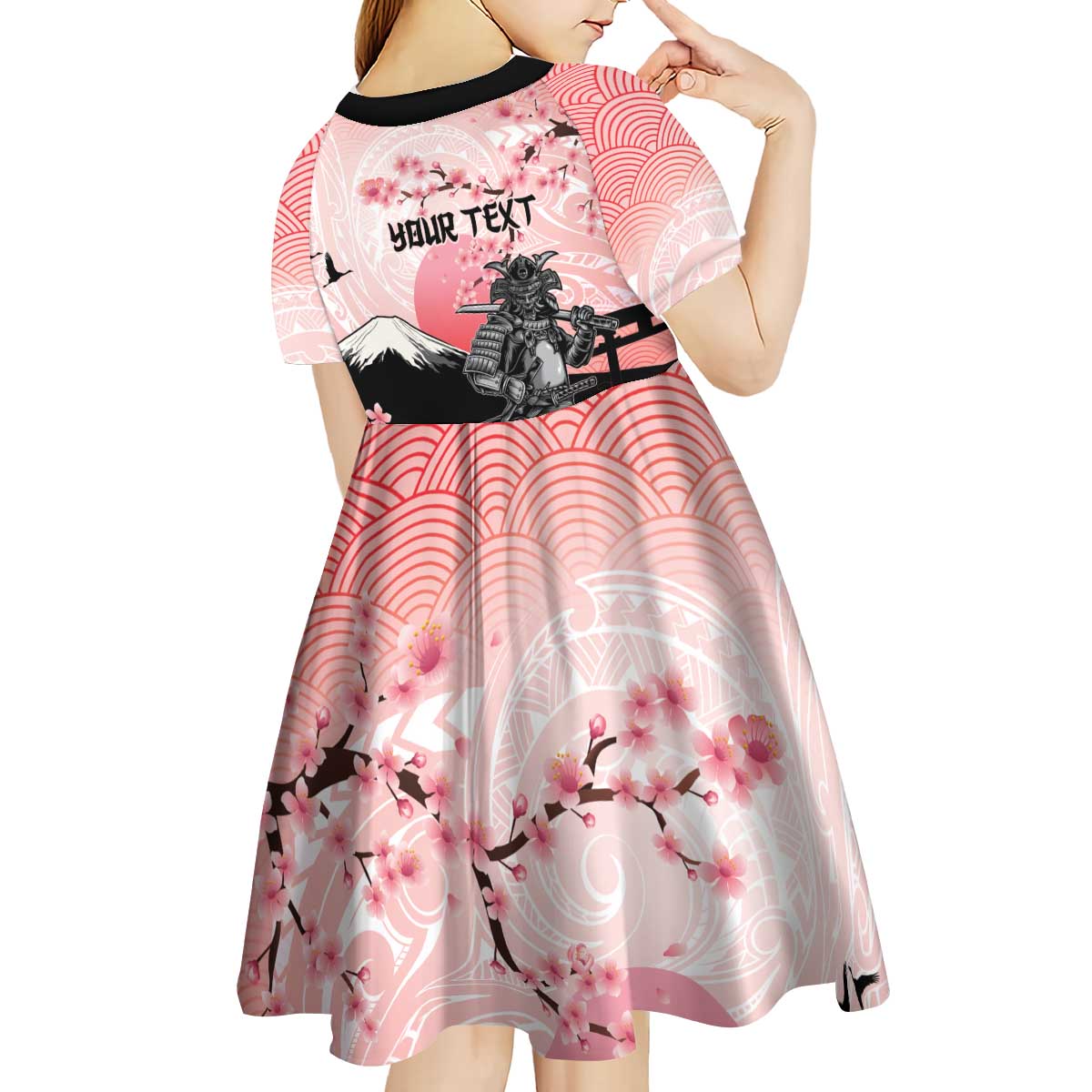 Personalised Japan Samurai Warrior Kid Short Sleeve Dress Japanese Cherry Blossom Polynesian Pattern - Polynesian Pride