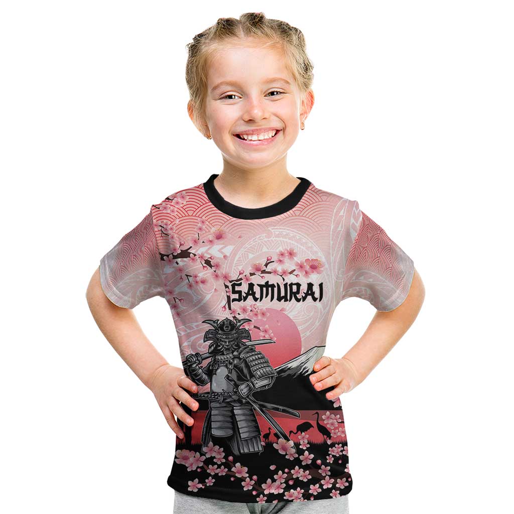 Personalised Japan Samurai Warrior Kid T Shirt Japanese Cherry Blossom Polynesian Pattern - Polynesian Pride