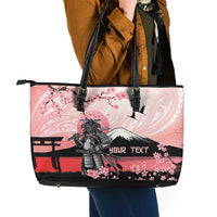 Personalised Japan Samurai Warrior Leather Tote Bag Japanese Cherry Blossom Polynesian Pattern - Polynesian Pride
