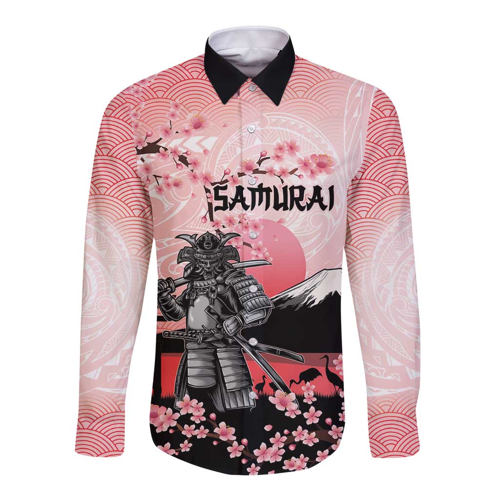 Personalised Japan Samurai Warrior Long Sleeve Button Shirt Japanese Cherry Blossom Polynesian Pattern - Polynesian Pride