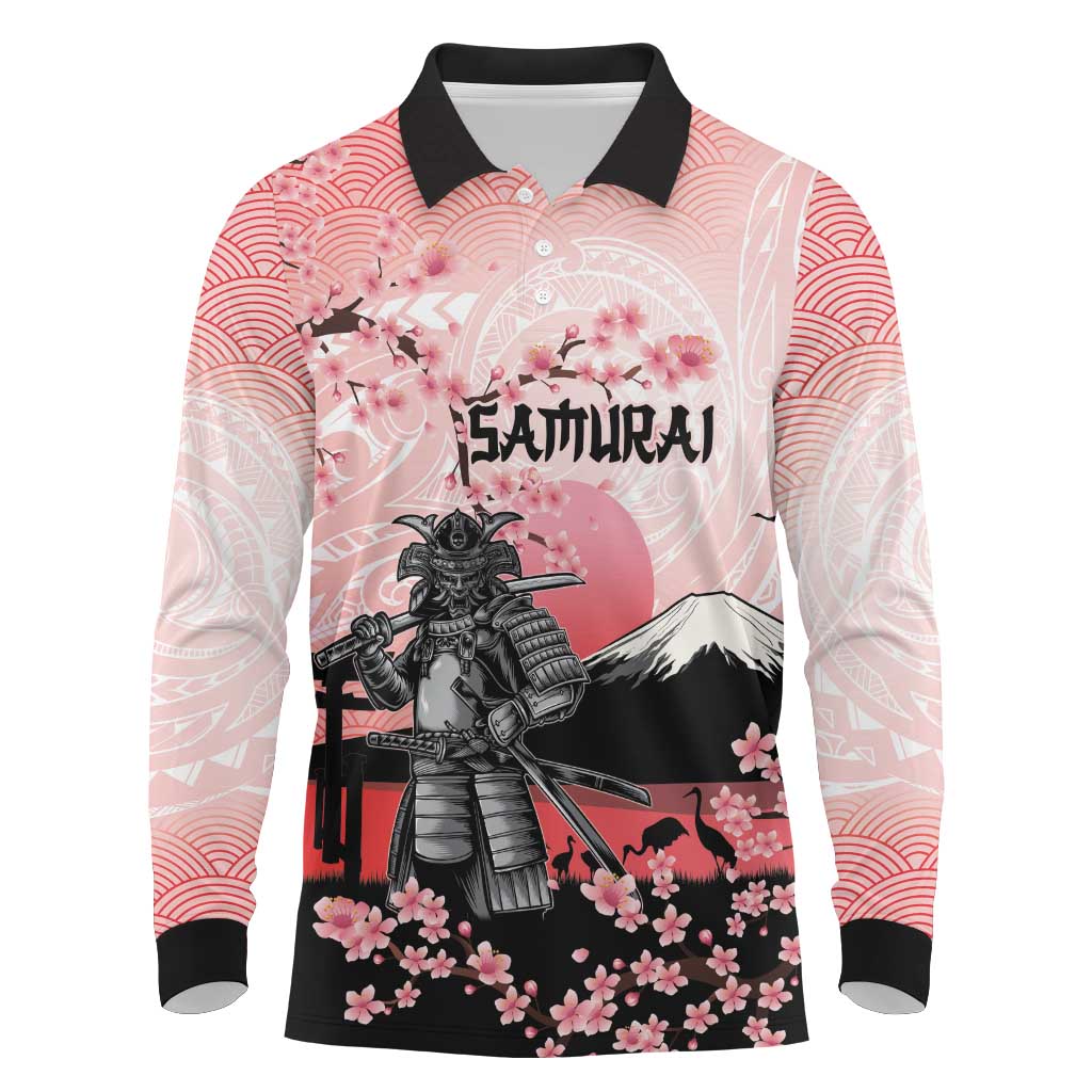 Personalised Japan Samurai Warrior Long Sleeve Polo Shirt Japanese Cherry Blossom Polynesian Pattern - Polynesian Pride
