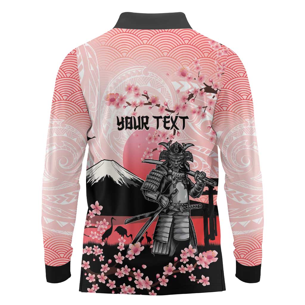 Personalised Japan Samurai Warrior Long Sleeve Polo Shirt Japanese Cherry Blossom Polynesian Pattern - Polynesian Pride
