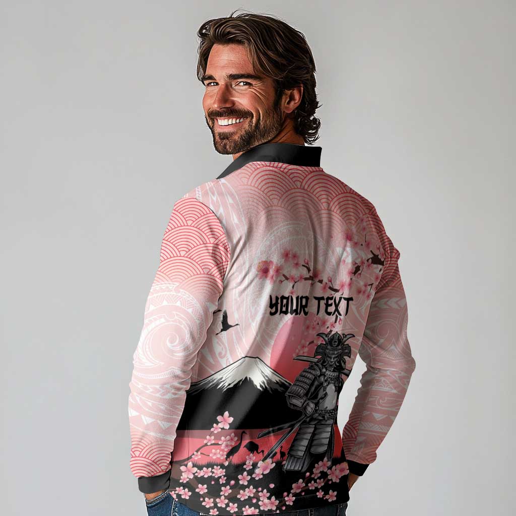 Personalised Japan Samurai Warrior Long Sleeve Polo Shirt Japanese Cherry Blossom Polynesian Pattern - Polynesian Pride