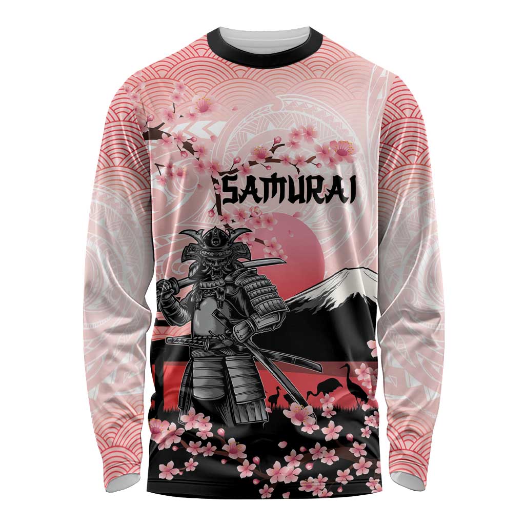 Personalised Japan Samurai Warrior Long Sleeve Shirt Japanese Cherry Blossom Polynesian Pattern - Polynesian Pride