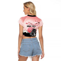 Personalised Japan Samurai Warrior Raglan Cropped T Shirt Japanese Cherry Blossom Polynesian Pattern - Polynesian Pride