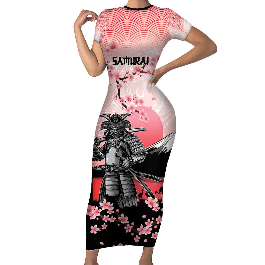 Personalised Japan Samurai Warrior Short Sleeve Bodycon Dress Japanese Cherry Blossom Polynesian Pattern - Polynesian Pride
