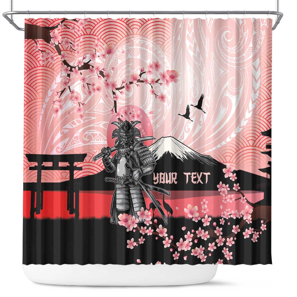 Personalised Japan Samurai Warrior Shower Curtain Japanese Cherry Blossom Polynesian Pattern - Polynesian Pride