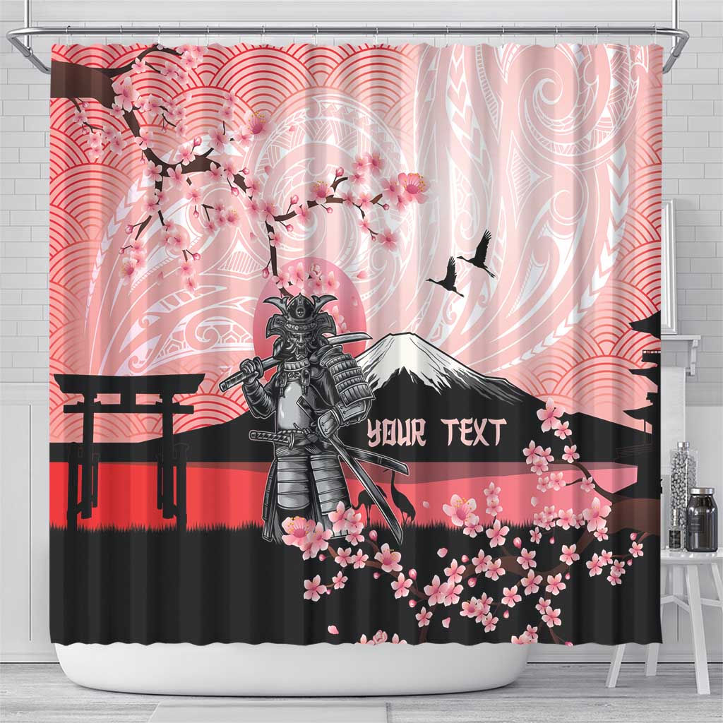 Personalised Japan Samurai Warrior Shower Curtain Japanese Cherry Blossom Polynesian Pattern - Polynesian Pride