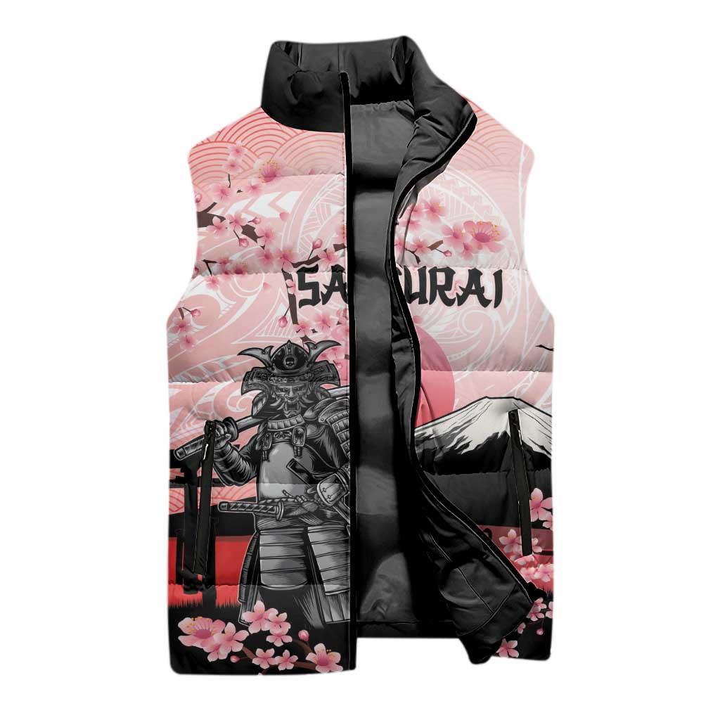 Personalised Japan Samurai Warrior Sleeveless Puffer Jacket Japanese Cherry Blossom Polynesian Pattern LT14 - Polynesian Pride