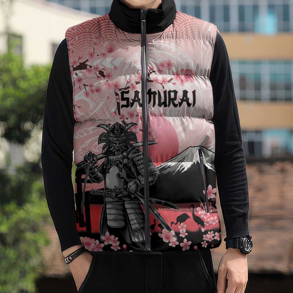 Personalised Japan Samurai Warrior Sleeveless Puffer Jacket Japanese Cherry Blossom Polynesian Pattern LT14 - Polynesian Pride