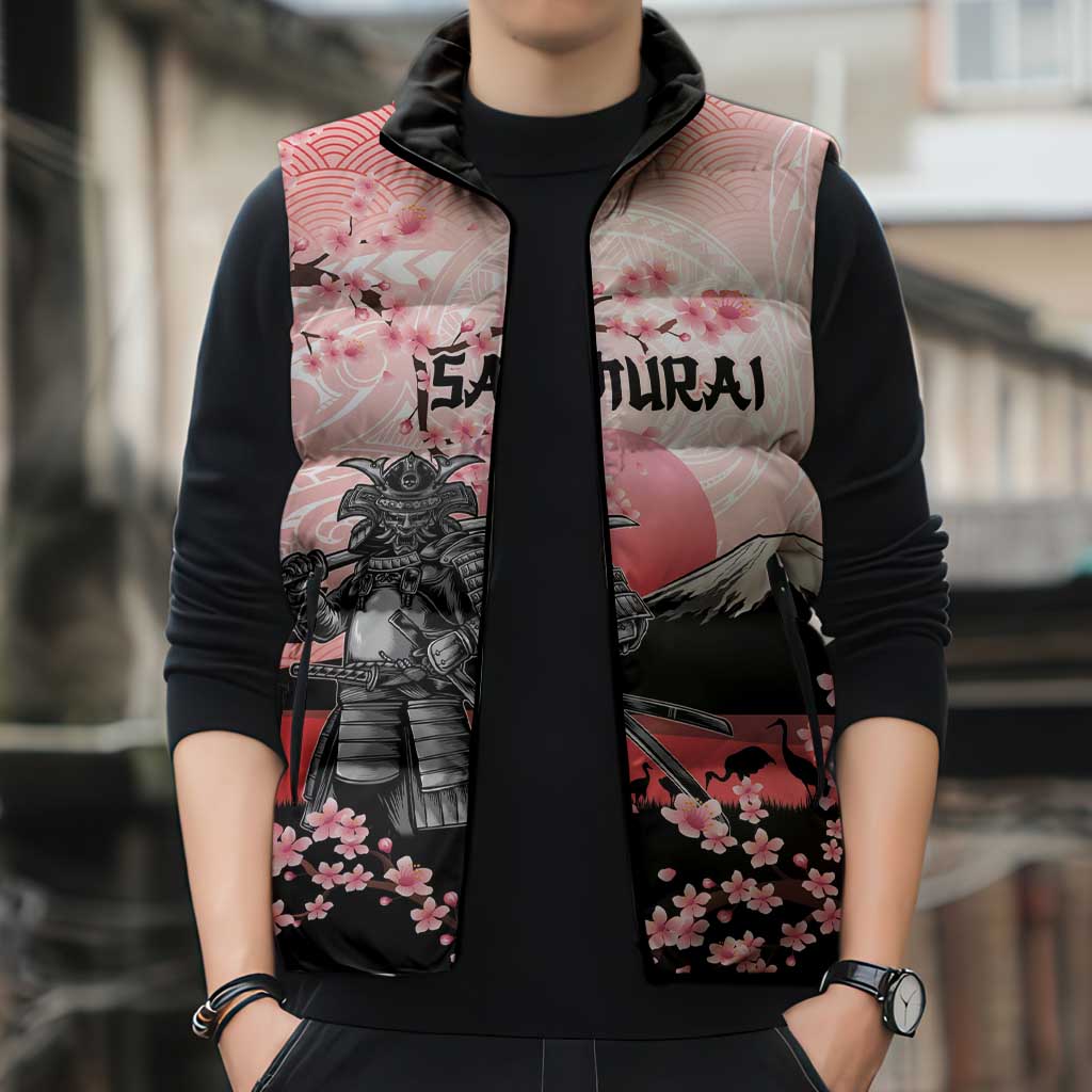 Personalised Japan Samurai Warrior Sleeveless Puffer Jacket Japanese Cherry Blossom Polynesian Pattern LT14 - Polynesian Pride