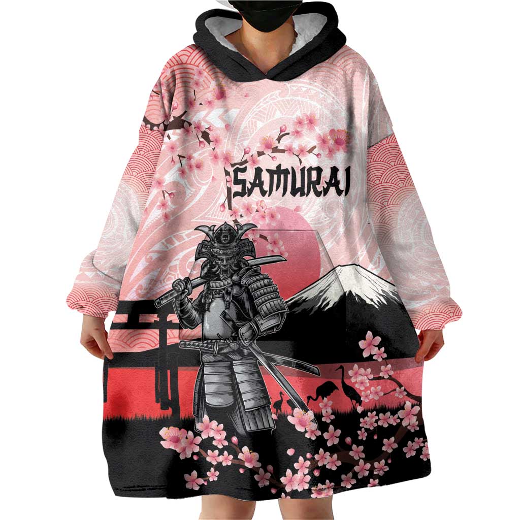 Personalised Japan Samurai Warrior Wearable Blanket Hoodie Japanese Cherry Blossom Polynesian Pattern LT14 - Polynesian Pride