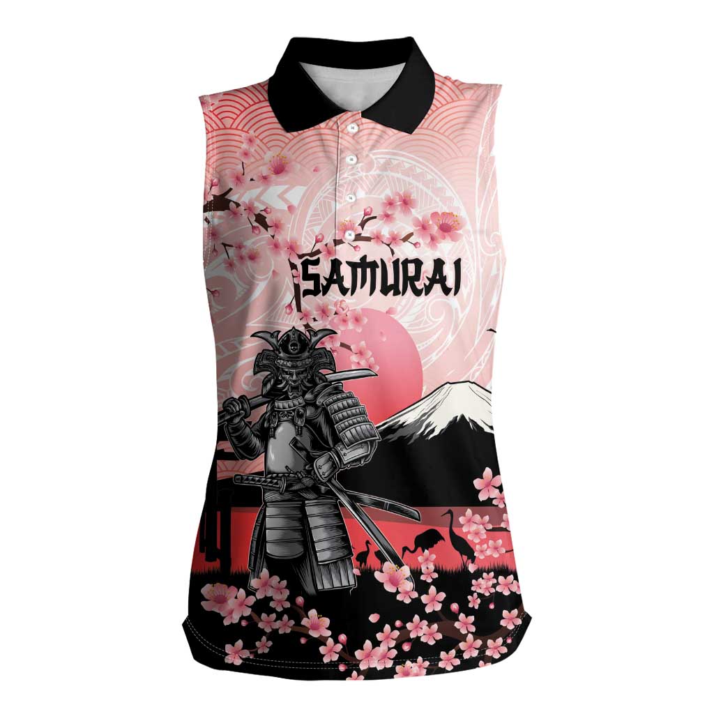 Personalised Japan Samurai Warrior Women Sleeveless Polo Shirt Japanese Cherry Blossom Polynesian Pattern - Polynesian Pride