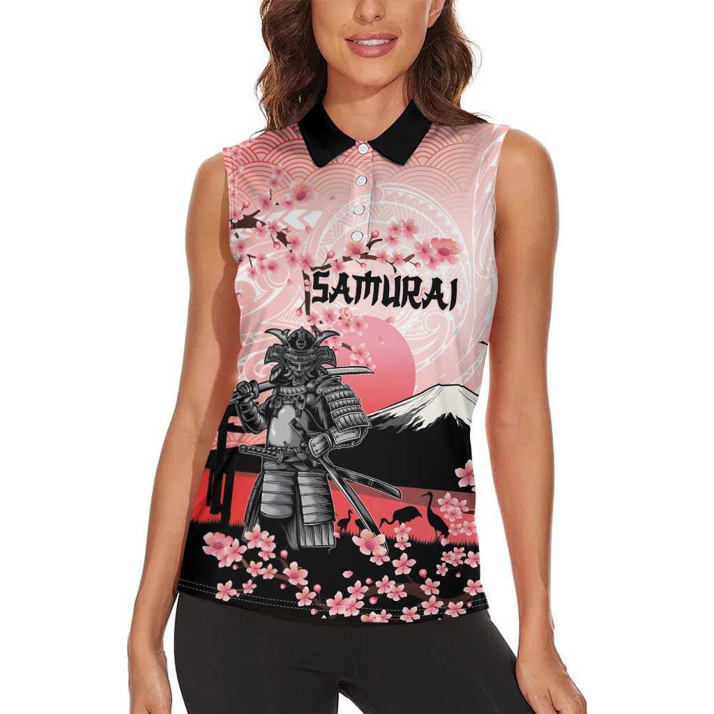 Personalised Japan Samurai Warrior Women Sleeveless Polo Shirt Japanese Cherry Blossom Polynesian Pattern - Polynesian Pride