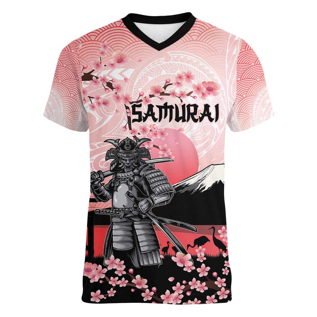 Personalised Japan Samurai Warrior Women V-Neck T-Shirt Japanese Cherry Blossom Polynesian Pattern - Polynesian Pride