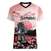 Personalised Japan Samurai Warrior Women V-Neck T-Shirt Japanese Cherry Blossom Polynesian Pattern - Polynesian Pride