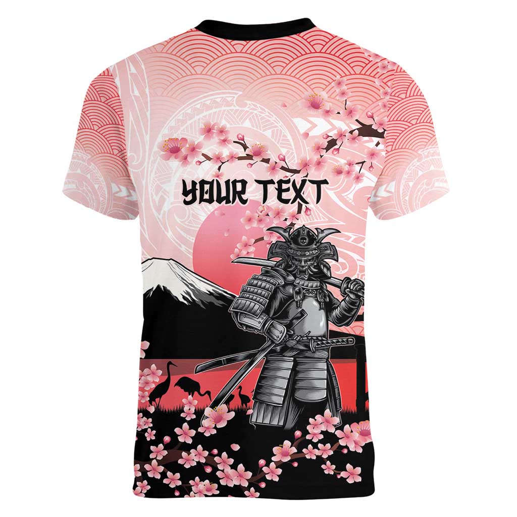 Personalised Japan Samurai Warrior Women V-Neck T-Shirt Japanese Cherry Blossom Polynesian Pattern - Polynesian Pride