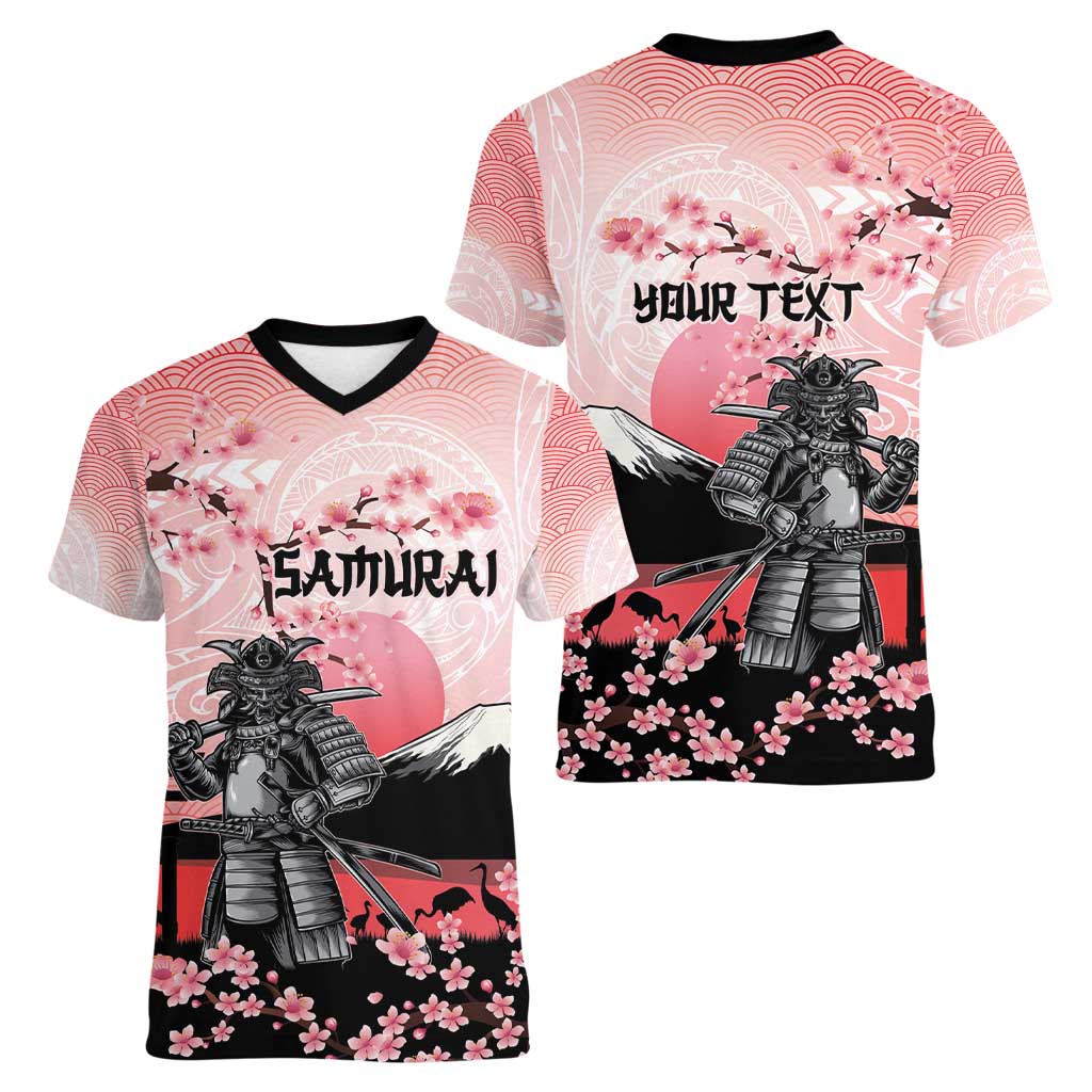 Personalised Japan Samurai Warrior Women V-Neck T-Shirt Japanese Cherry Blossom Polynesian Pattern - Polynesian Pride