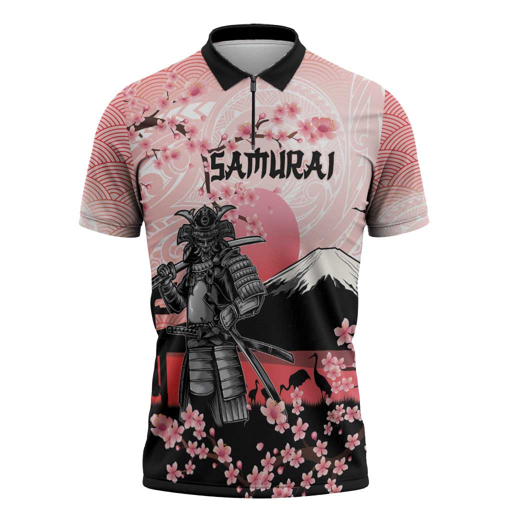 Personalised Japan Samurai Warrior Zipper Polo Shirt Japanese Cherry Blossom Polynesian Pattern LT14 Pink - Polynesian Pride