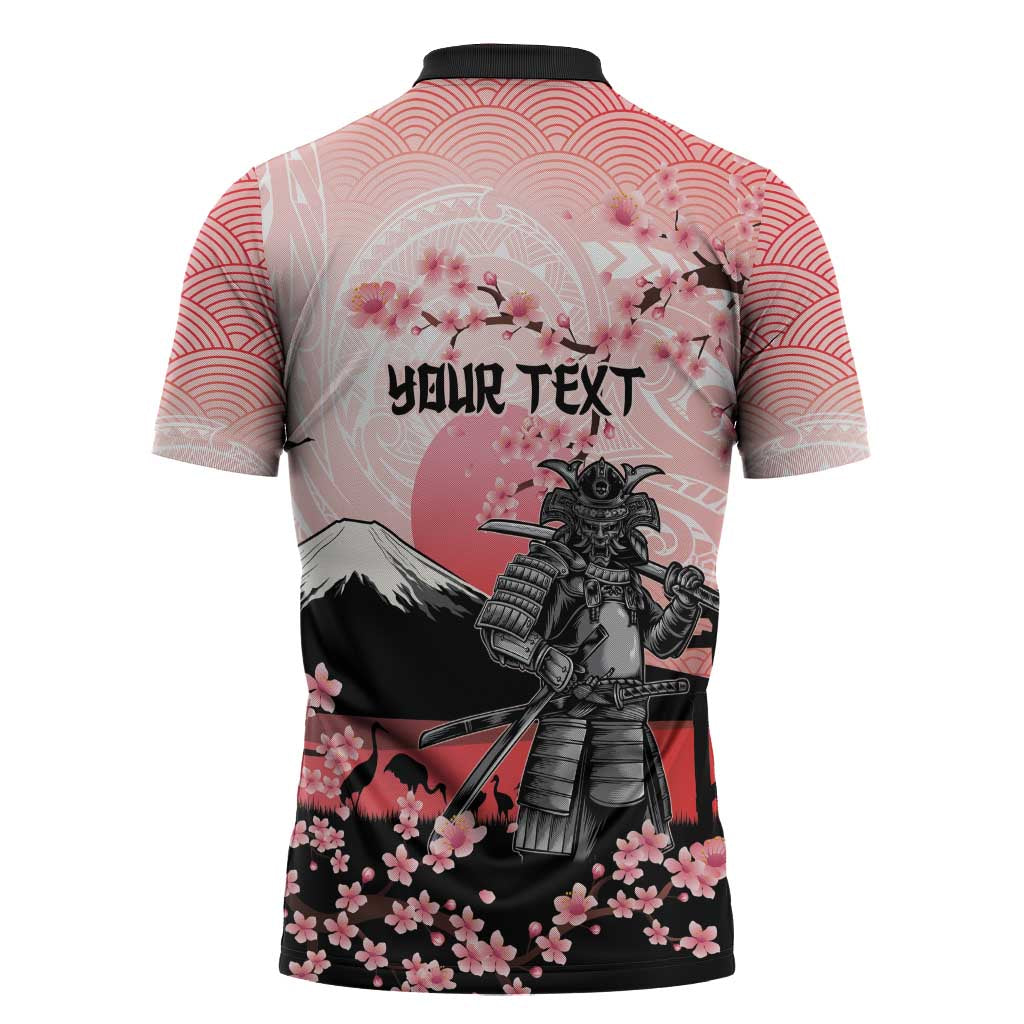 Personalised Japan Samurai Warrior Zipper Polo Shirt Japanese Cherry Blossom Polynesian Pattern LT14 - Polynesian Pride