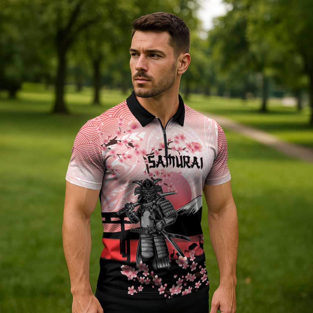 Personalised Japan Samurai Warrior Zipper Polo Shirt Japanese Cherry Blossom Polynesian Pattern LT14 - Polynesian Pride