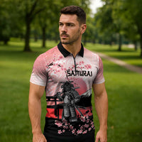 Personalised Japan Samurai Warrior Zipper Polo Shirt Japanese Cherry Blossom Polynesian Pattern LT14 - Polynesian Pride