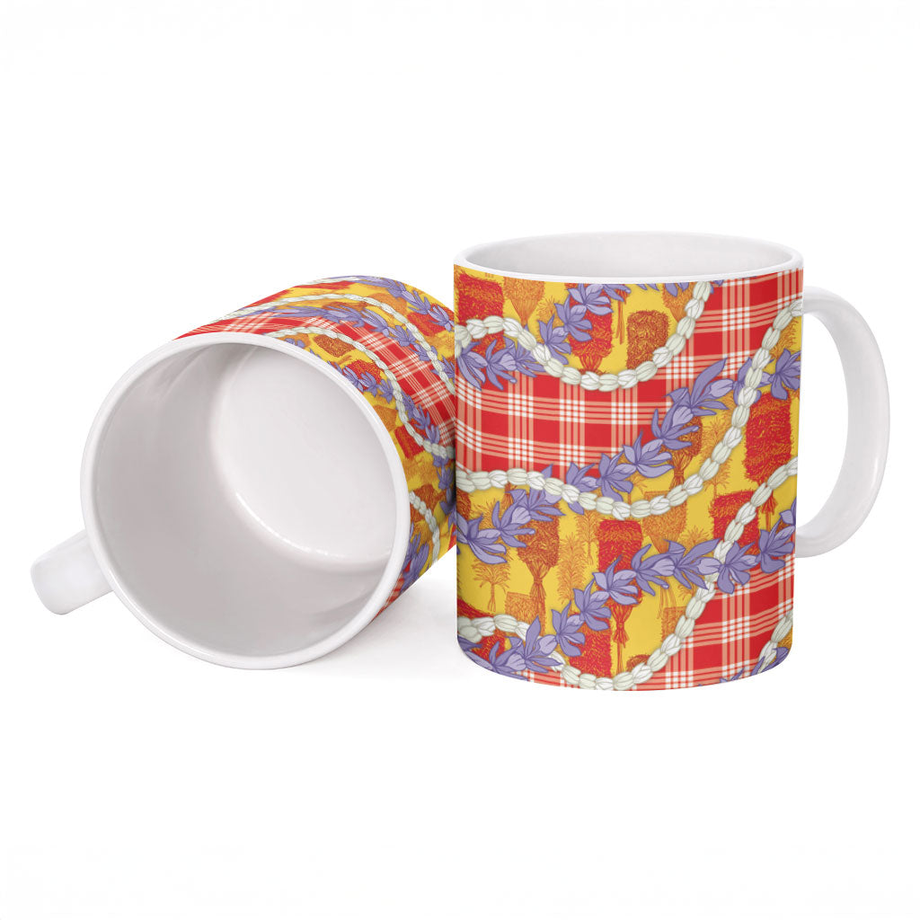 Hawaii Kahili Palaka Motifs Ceramic Mug Hawaiian Honohono Pikake Lei