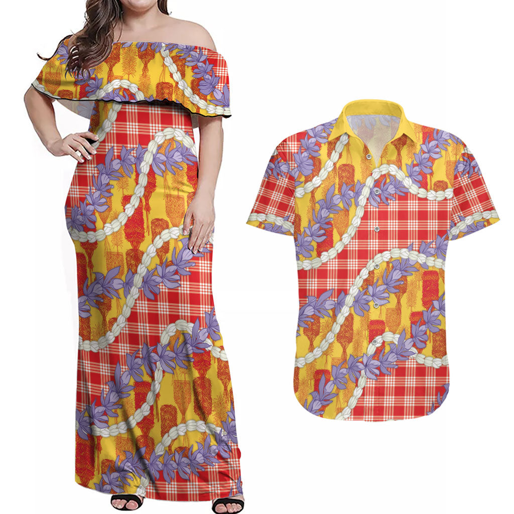 Hawaii Kahili Palaka Motifs Couples Matching Off Shoulder Maxi Dress and Hawaiian Shirt Hawaiian Honohono Pikake Lei
