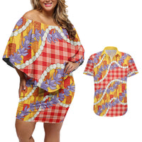 Hawaii Kahili Palaka Motifs Couples Matching Off Shoulder Short Dress and Hawaiian Shirt Hawaiian Honohono Pikake Lei