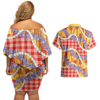 Hawaii Kahili Palaka Motifs Couples Matching Off Shoulder Short Dress and Hawaiian Shirt Hawaiian Honohono Pikake Lei