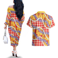 Hawaii Kahili Palaka Motifs Couples Matching Off The Shoulder Long Sleeve Dress and Hawaiian Shirt Hawaiian Honohono Pikake Lei