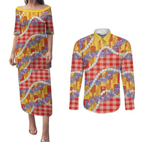 Hawaii Kahili Palaka Motifs Couples Matching Puletasi and Long Sleeve Button Shirt Hawaiian Honohono Pikake Lei