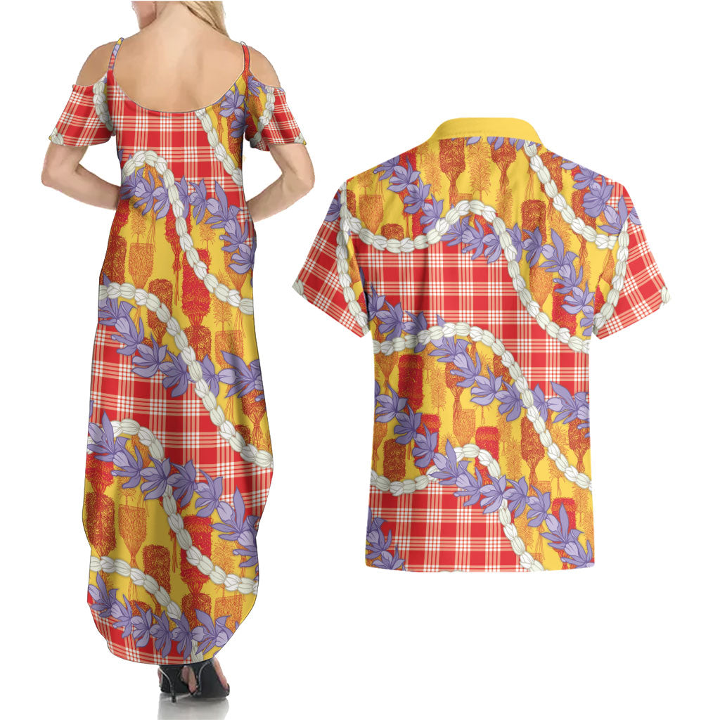 Hawaii Kahili Palaka Motifs Couples Matching Summer Maxi Dress and Hawaiian Shirt Hawaiian Honohono Pikake Lei