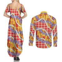 Hawaii Kahili Palaka Motifs Couples Matching Summer Maxi Dress and Long Sleeve Button Shirt Hawaiian Honohono Pikake Lei